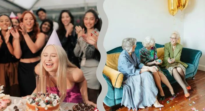 Zwei Geburtstage im Vergleich: links pustet eine junge Frau die Kerzen aus, rechts lachen drei ältere Damen auf dem Sofa