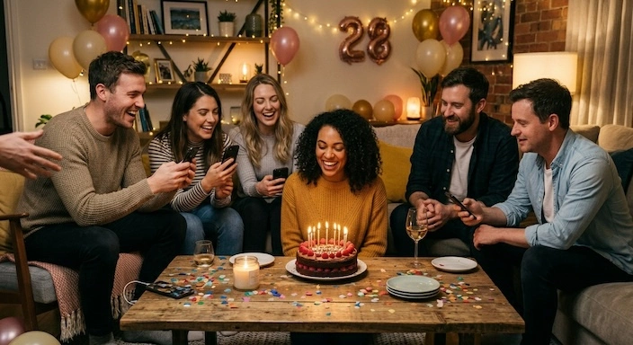 Geburtstagsrunde in einem Wohnzimmer mit Luftballons, Torte auf dem Tisch und lachenden Gästen, die mit Smartphones Fotos machen