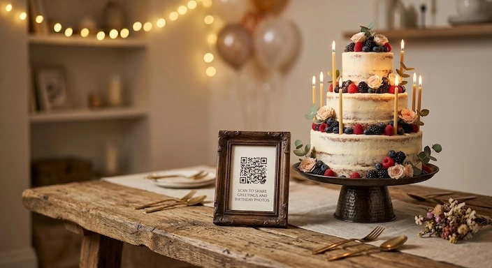Kuchentafel mit Geburtstagskuchen und Kerzen, daneben ein dekorativer QR-Code-Ständer für die gemeinsame Galerie