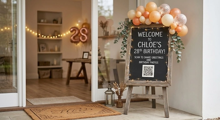 Eingangsbereich einer Geburtstagsparty mit Willkommensschild, Ballons und prominent platziertem QR-Code