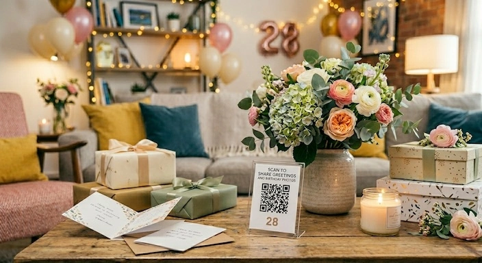 Geburtstags-Geschenketisch mit Blumen, Karten und einem kleinen Aufsteller mit QR-Code für den Foto-Upload