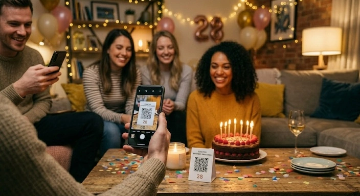 Geburtstagsgast scannt einen QR-Code auf einer Tischkarte und lädt ein Foto vom Geburtstagskind mit Kerzen auf der Torte hoch