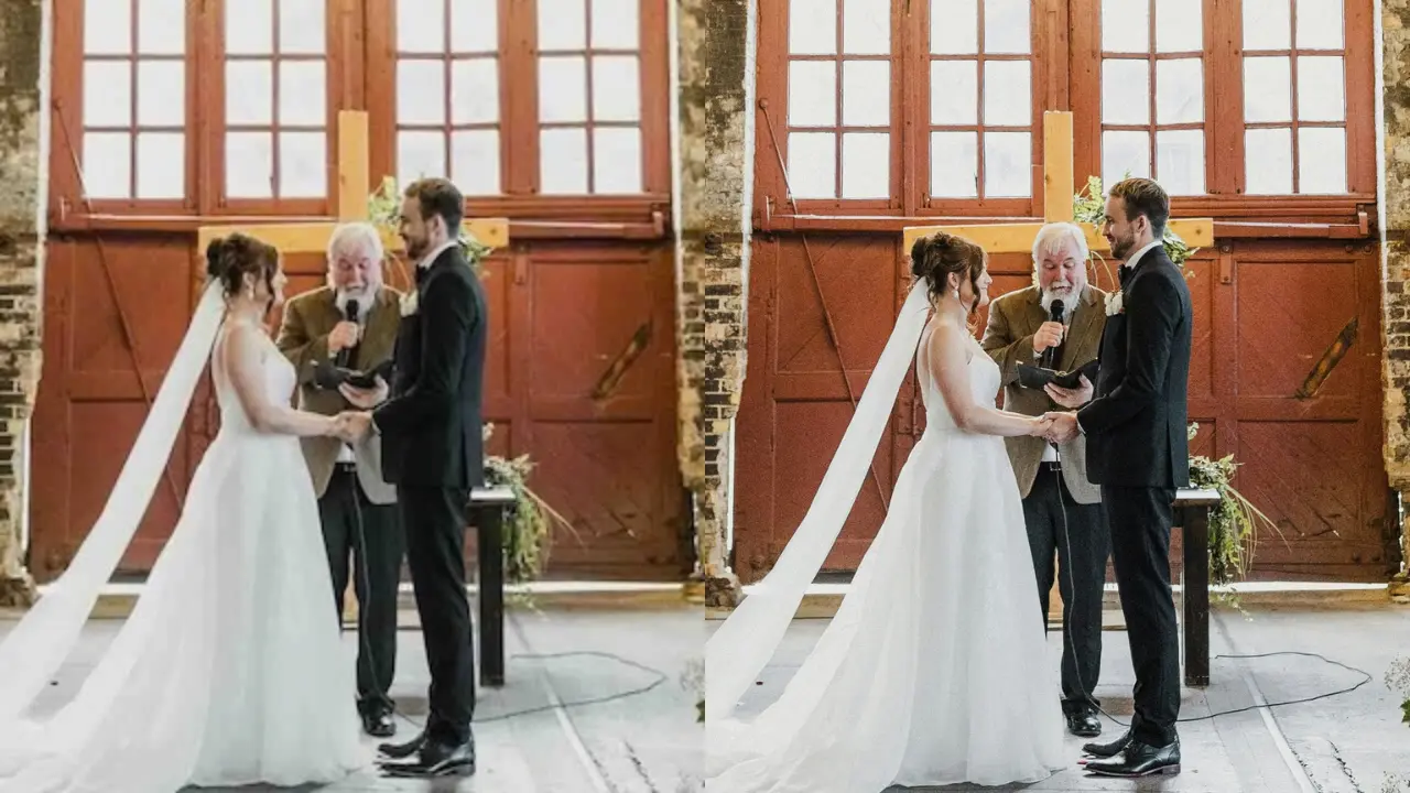 The same ceremony photo compared: blurry from messenger compression on the left, sharp in FlashUp original quality on the right