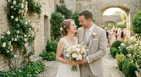 A bride and groom embracing and gazing lovingly at each other