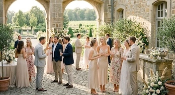 People are standing together at a wedding and chatting