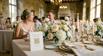 A close-up of a laid table at a wedding with a QR code displayed. People are laughing in the background.