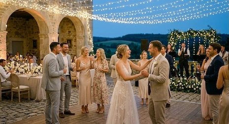 The bride and groom are laughing and dancing to the music of a live band