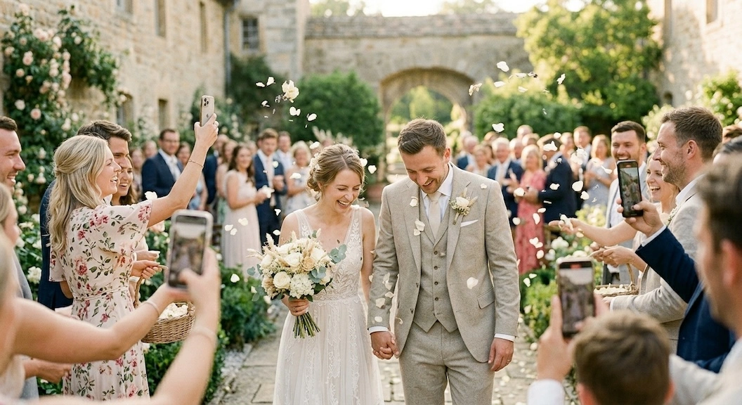 A smiling bride and groom walk through the crowd, the bride holding her bouquet. The crowd around them throws petals and takes photos.