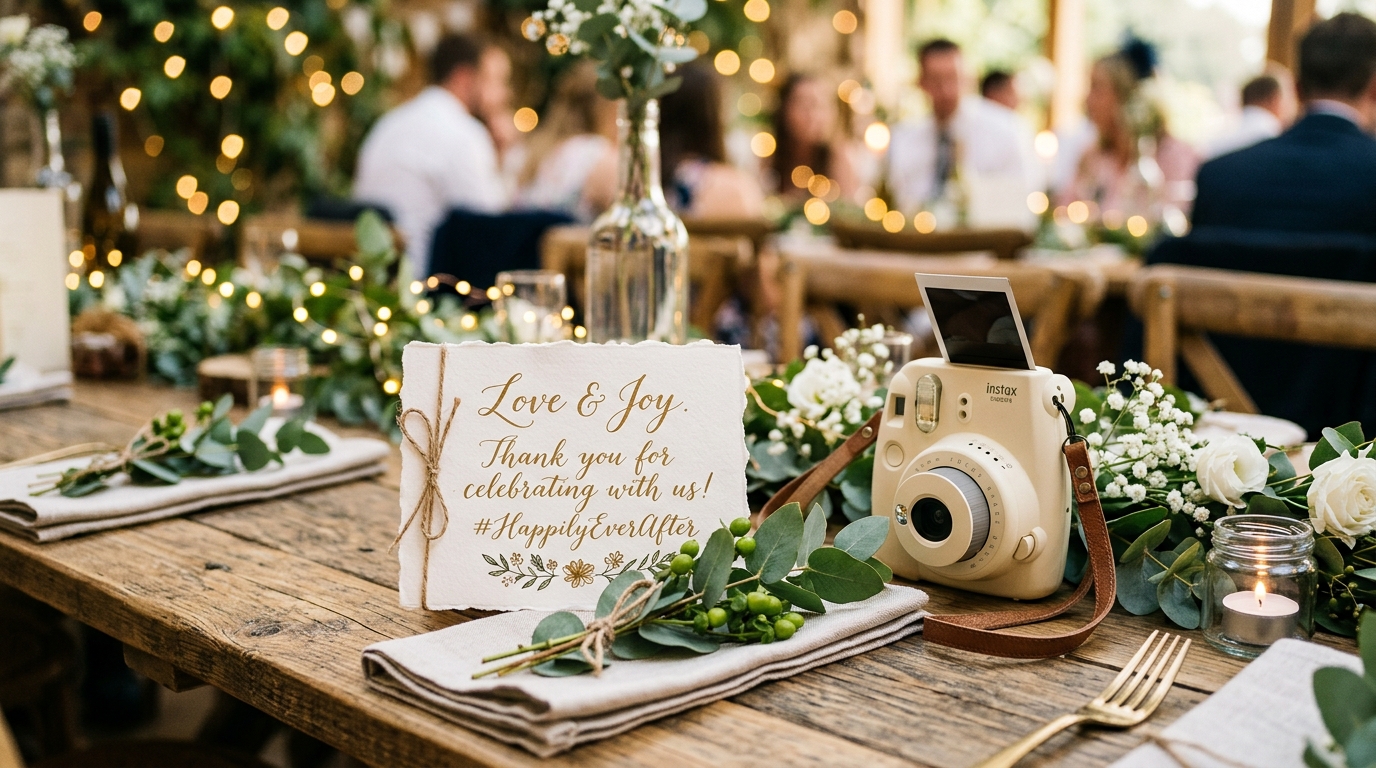 Beautifully decorated wedding table with photo tasks cards and a vintage instant camera