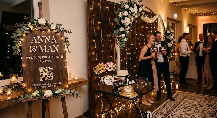 A QR code next to the photo booth at a party