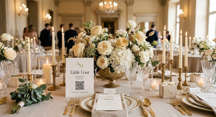 A QR code on a laid wedding table