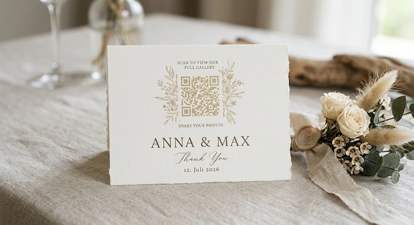 QR code linking to a photo gallery on a wedding thank-you card