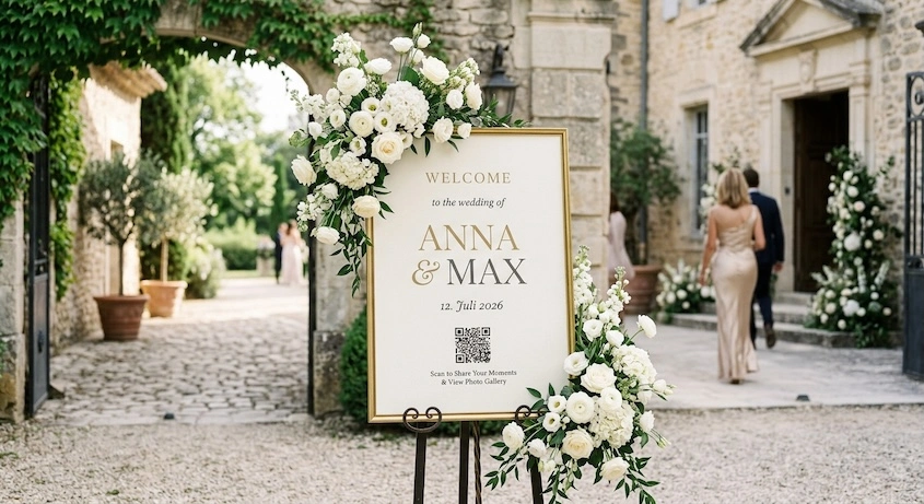 QR code on the welcome sign at a wedding ceremony