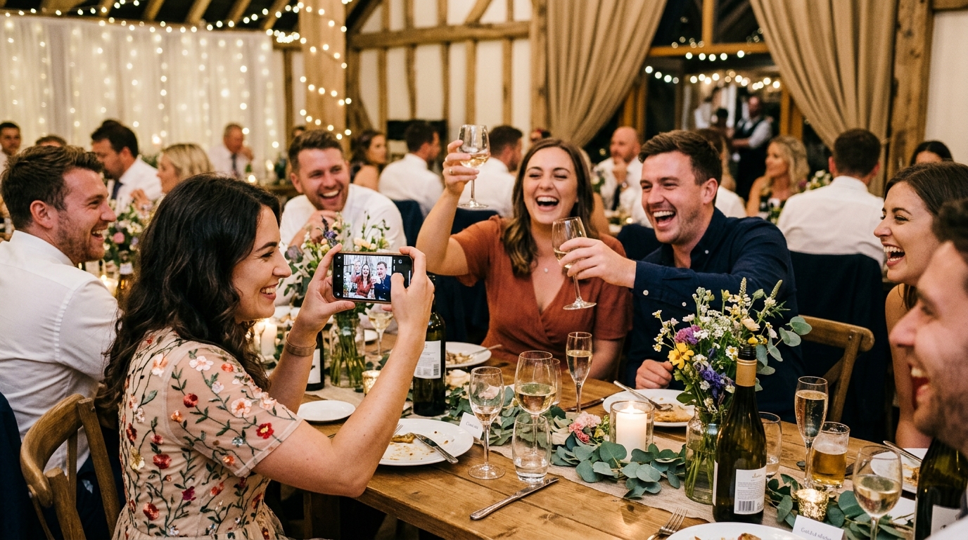 Wedding guests chatting at the table and taking photos with their smartphone