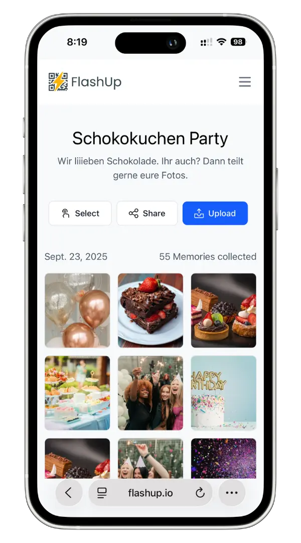 FlashUp Mobile App Demo - Event Photo Gallery on Smartphone